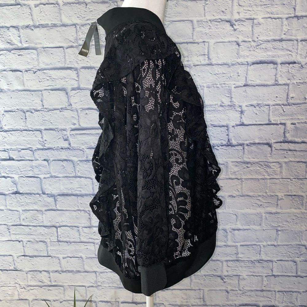 NWT Torrid Black Lace Ruffle Crop Bomber jacket - Picture 10 of 15
